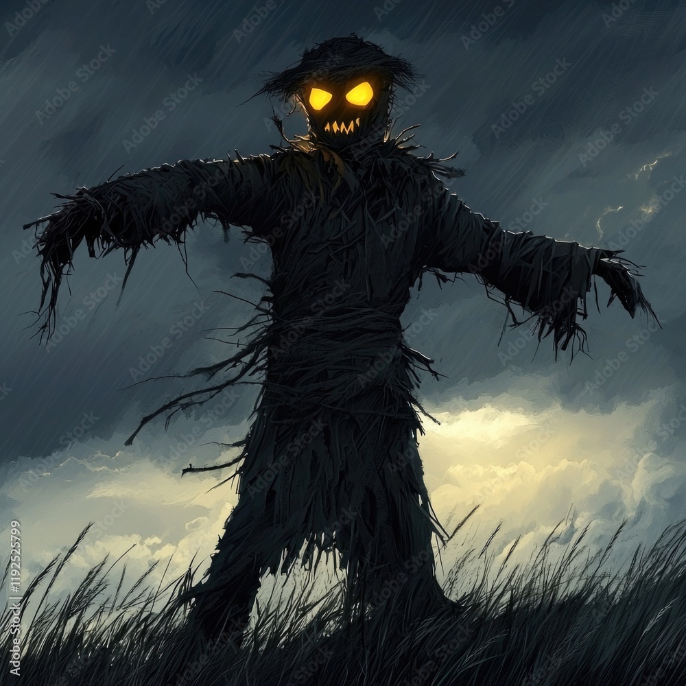 A scary scene with glowing eyes standing in a grassy field, ideal for Halloween or horror-themed designs A scary scene with glowing eyes standing in a grassy field, ideal for Halloween or horror-themed designs