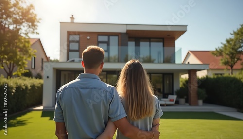 Obraz na płótnie A couple is looking at their new modern home w salonie