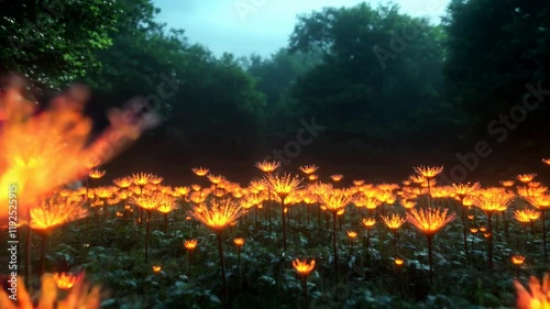 Glowing flowers with petals of code and stems of light represent information flourishing like nature, merging technology and life in a vibrant futuristic garden