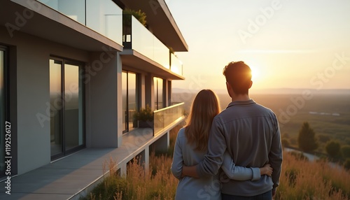 A couple is looking at their new modern home