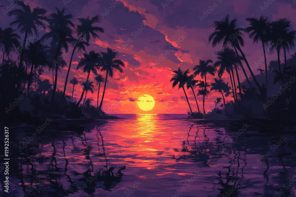 Fototapeta premium Sunset over calm water with palm trees reflecting colorful sky