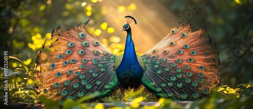 Majestic peacock displays feathers in sunlit forest