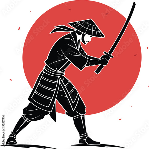 Samurai Warrior Silhouette with Katana and Red Sun Background in Ink Brush Style photo