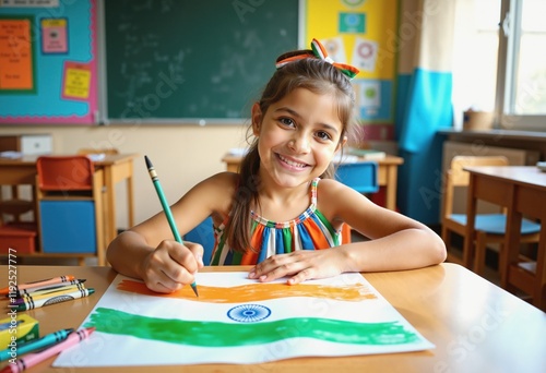 Smiling Indian Schoolgirl Drawing National Flag in Classroom