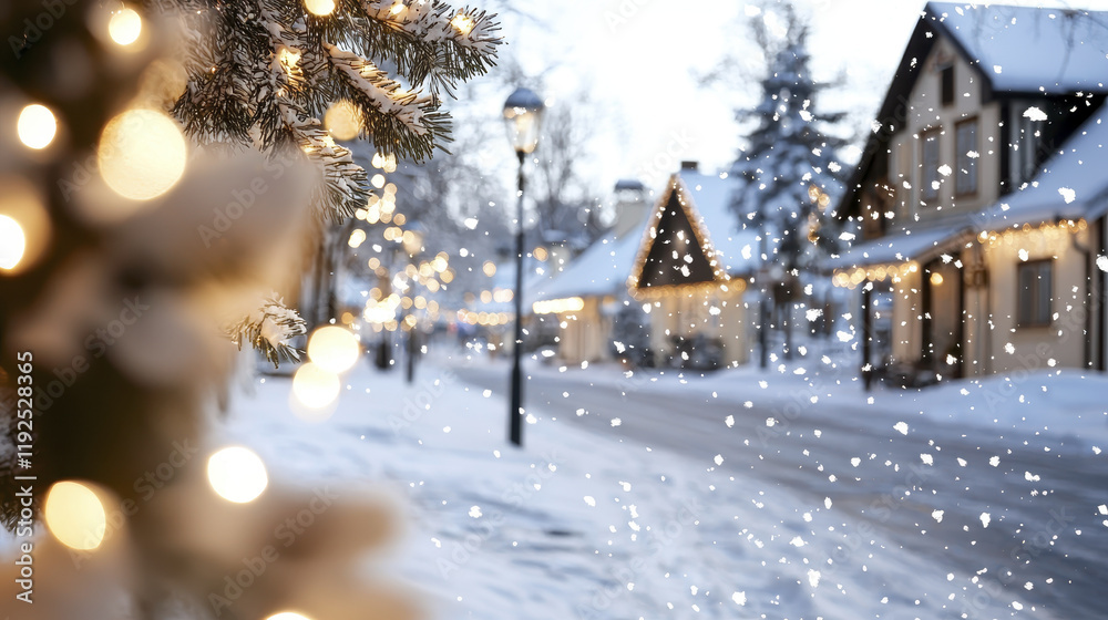 Naklejka premium Cozy winter village scene with snow, lights, and charming houses