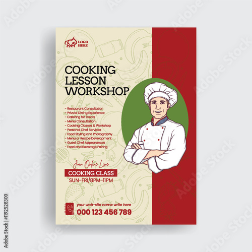 cooking class and Restaurant food print flyer or poster, chef training center poster editable template, restaurant food leaflet , brochure cover with chef character illustration