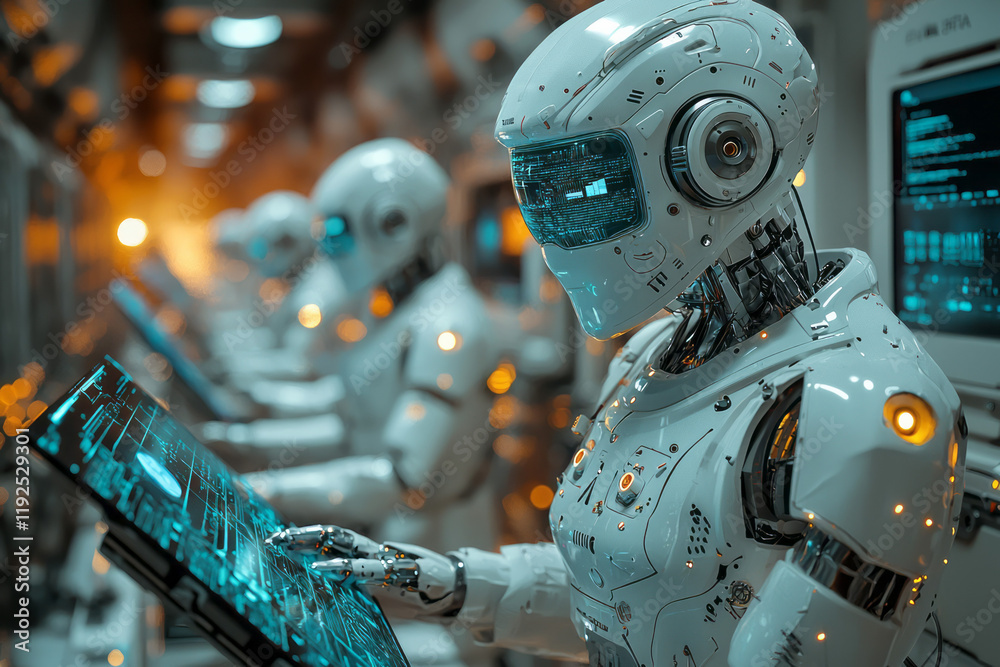 Fototapeta premium A futuristic laboratory scene where humans collaborate with sleek humanoid robots, managing holographic computer panels,