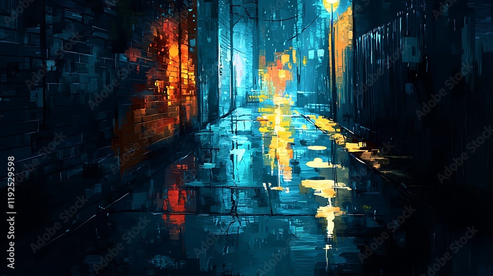 Obraz premium Rainy Night in a City Alleyway A Vivid Digital Painting of Urban Reflections.