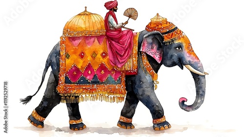 Watercolor painting of an elaborately decorated Indian elephant with a mahout in traditional clothing. photo