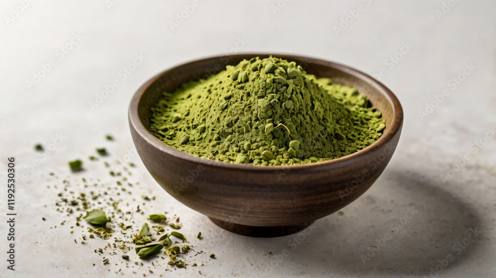 Matcha green tea powder in bowl with Organic green tea leaf isolated on white background, Organic product from the nature for healthy with traditional Matcha green tea powder in bowl with Organic green tea leaf isolated on white background, Organic product from the nature for healthy with traditional