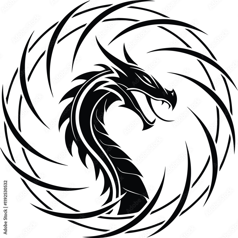 Fototapeta premium Dragon Silhouette in Circular Design with Yin Yang Influence and Tribal Art Elements
