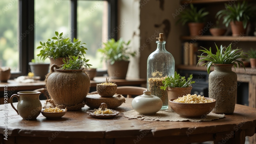 Upcycled accessories styled on a rustic table with natural textures and soft lighting