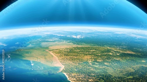 Futuristic satellite protects Earth with a glowing dome highlighting ecological zones and climate systems. A vision of innovation for global environmental preservation