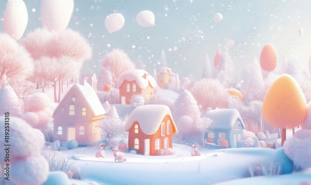 Whimsical winter wonderland with pastel-colored houses, snow-covered landscape, and floating balloons Whimsical winter wonderland with pastel-colored houses, snow-covered landscape, and floating balloons