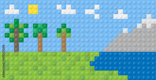 A vibrant and colorful landscape featuring trees, a river, and majestic mountains