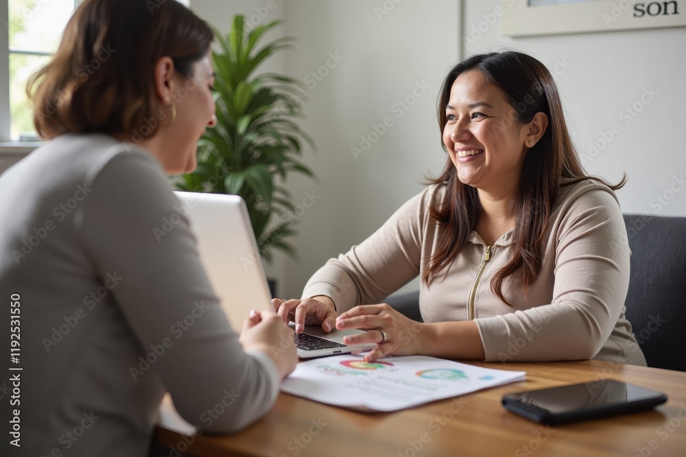 A plus-size woman is participating in a virtual weight loss support group, sharing her progress and experiences with others. The supportive atmosphere fosters motivation A plus-size woman is participating in a virtual weight loss support group, sharing her progress and experiences with others. The supportive atmosphere fosters motivation