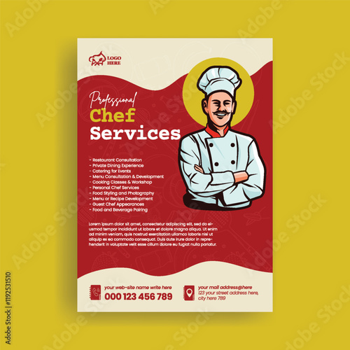 cooking class and Restaurant food print flyer or poster, chef training center poster editable template, restaurant food leaflet , brochure cover with chef character illustration