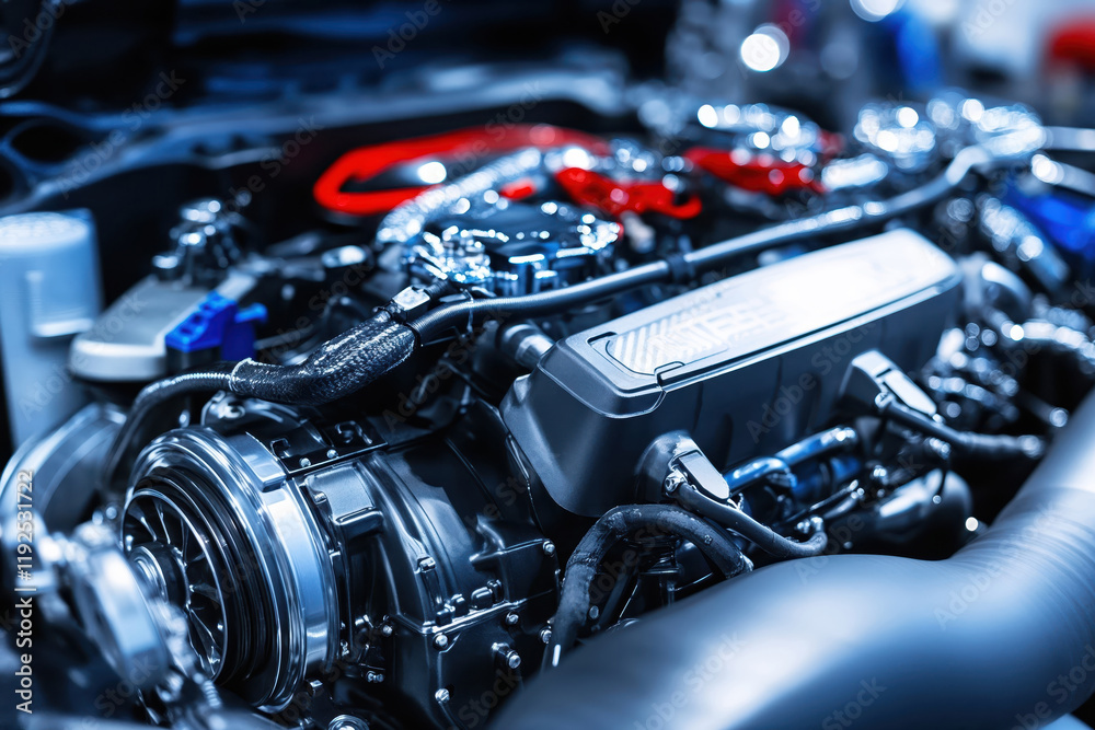 Close-up of powerful car engine demonstrating complex mechanics and modern technology Close-up of powerful car engine demonstrating complex mechanics and modern technology