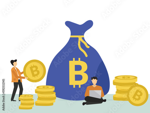 Tow young man holding bitcoin and using laptop for online funding and making investments for bitcoin. Digital Money, Cryptocurrency Investment Concept.