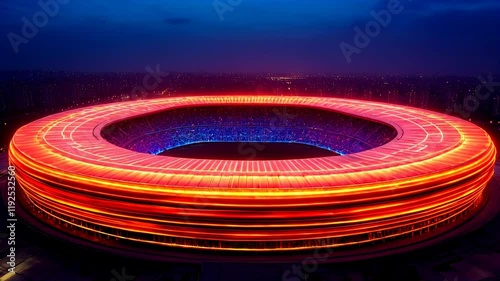 Gigantic arena surrounded by glowing rings symbolizes energy, perseverance, and achievement, celebrating human strength and ambition through futuristic design