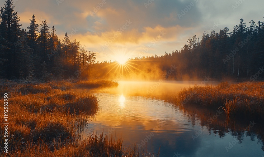 Fototapeta premium Misty sunrise over autumn river