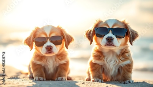 Little puppies wearing sunglasses on the beach viewed against the sea with bokeh background