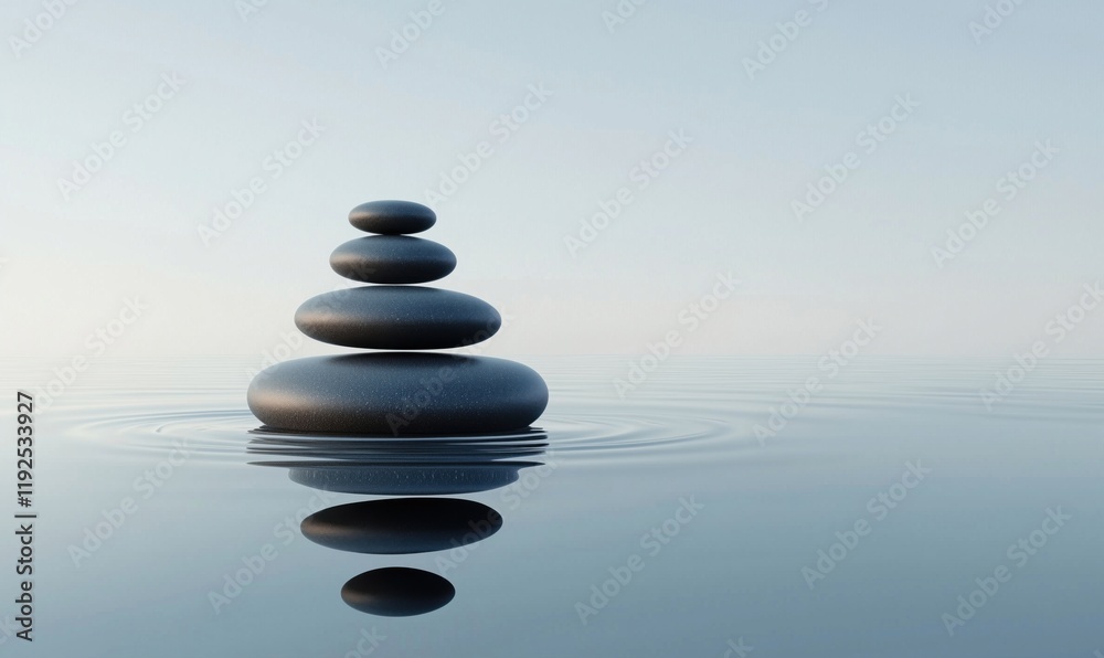 Balanced stones stacked in serene water, reflecting calmness and tranquility, symbolizing harmony and mindfulness Balanced stones stacked in serene water, reflecting calmness and tranquility, symbolizing harmony and mindfulness