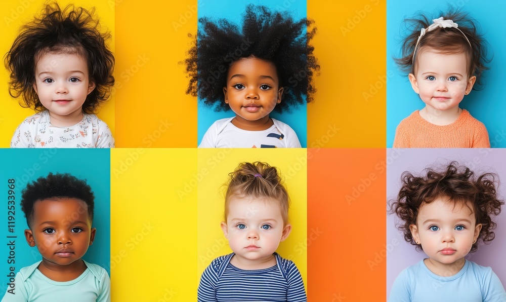 Diverse Group of Babies with Unique Hairstyles and Expressions Against Colorful Backgrounds Diverse Group of Babies with Unique Hairstyles and Expressions Against Colorful Backgrounds