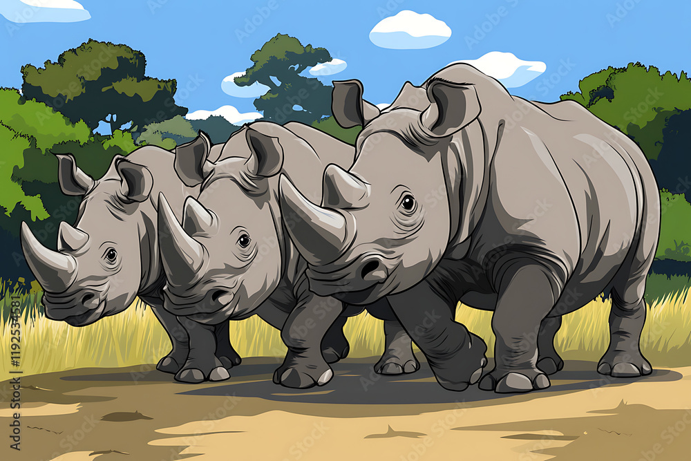 Fototapeta premium Three rhinoceroses walking through a savanna landscape under a blue sky.