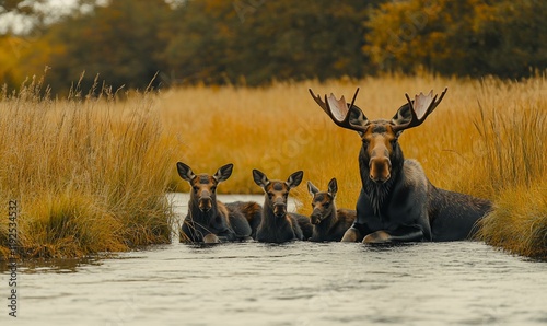 Moose family in autumn stream, wildlife, nature photo