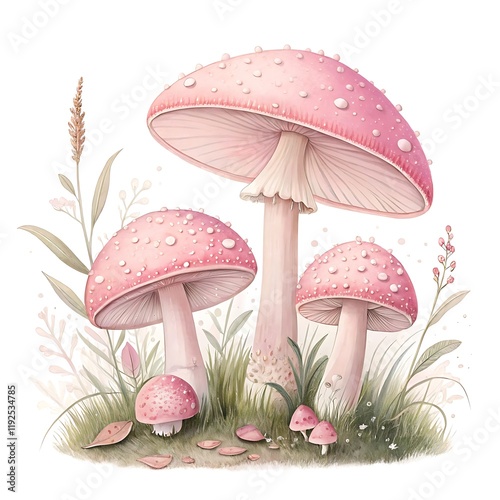 A drawing of a pink mushroom with pink and white spots, fly mushroom