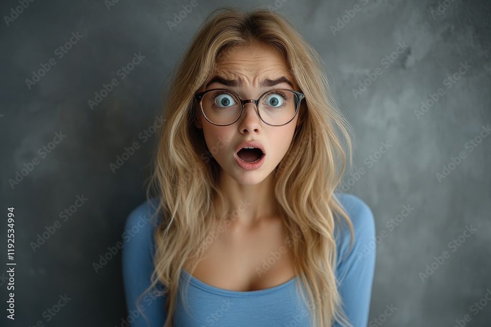 A woman with glasses and a surprised expression A woman with glasses and a surprised expression