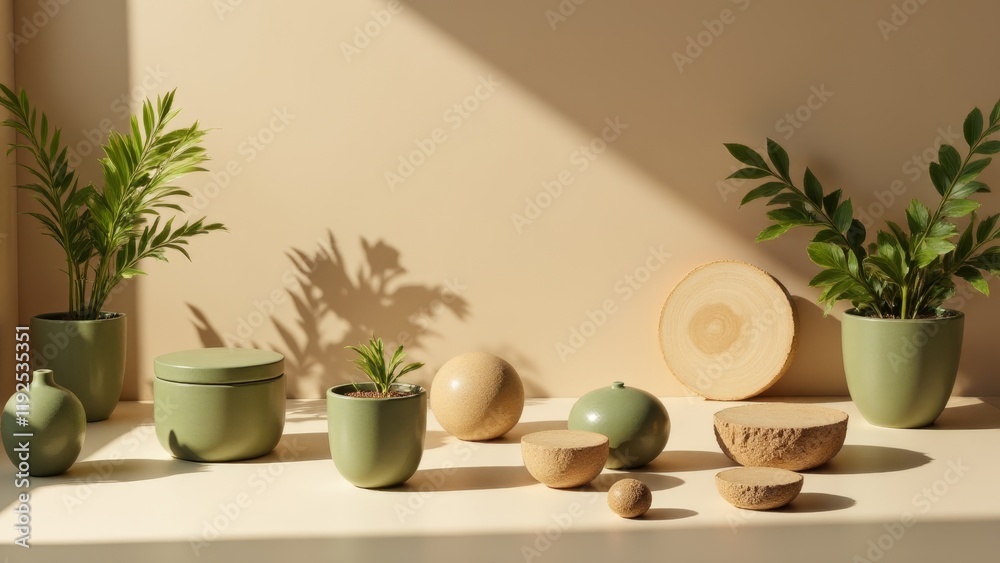 Biodegradable accessories displayed on a warm neutral surface with greenery Biodegradable accessories displayed on a warm neutral surface with greenery
