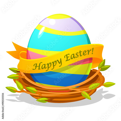 Easter egg in bird nest for your greeting card, stickers, invitations and many other designs. Vector illustration in flat cartoon style