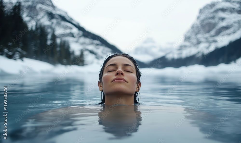 Serene woman immersed in tranquil icy lake surrounded by snow-capped mountains, embodying peace and nature's beauty Serene woman immersed in tranquil icy lake surrounded by snow-capped mountains, embodying peace and nature's beauty