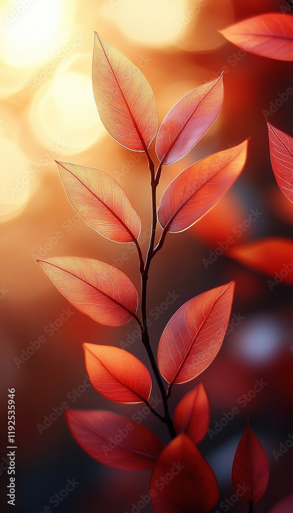 Red leaves glow at sunset, blurred background, autumn theme Red leaves glow at sunset, blurred background, autumn theme