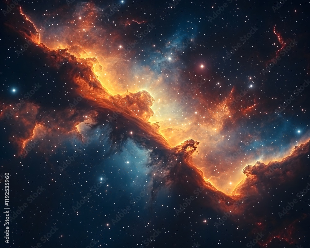 Obraz premium Fiery Cosmic Crown Glowing Nebula with Vibrant Hues and Shimmering Stars