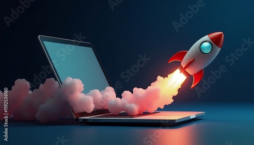 Rocket taking off from laptop screen and flying away