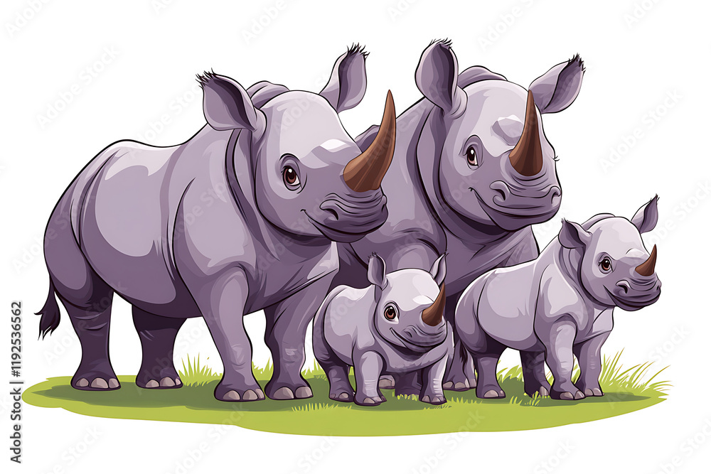 Fototapeta premium A family of cartoon rhinoceroses standing together on green grass.