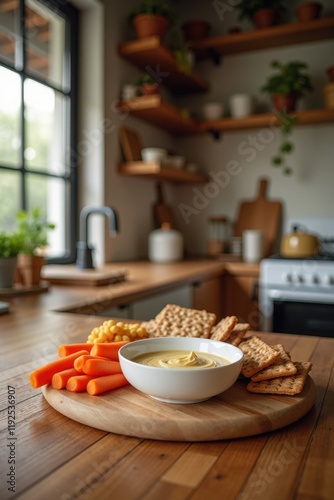 Wallpaper Mural A cozy kitchen scene featuring a wooden table filled with healthy snacks like hummus, carrots, and whole grain crackers, creating a warm inviting space Torontodigital.ca