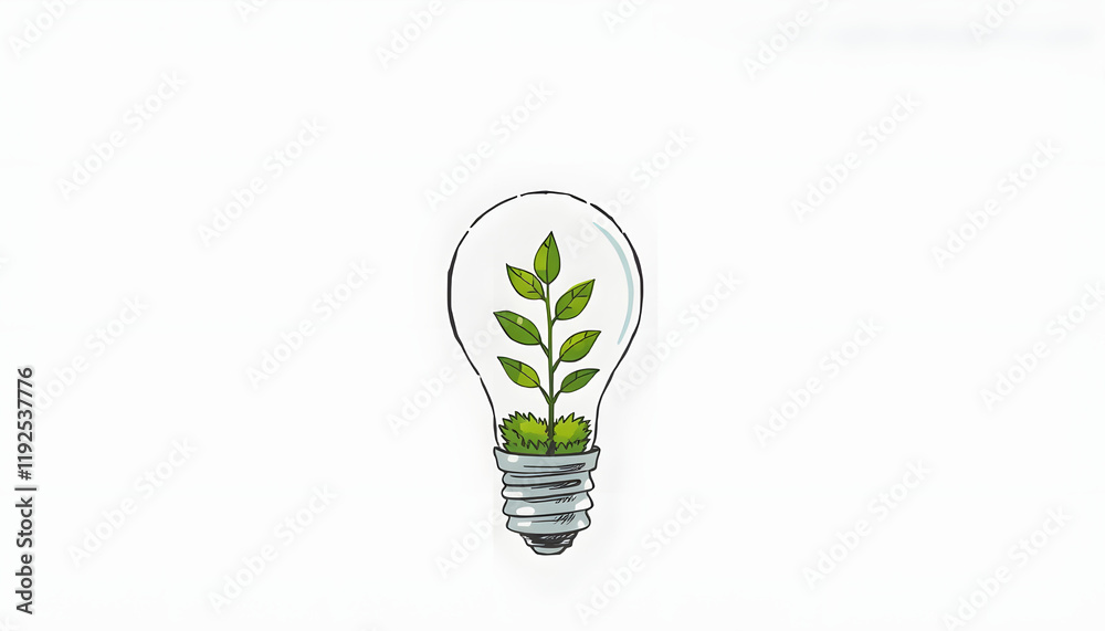 Light bulb with a plant inside - concept of environmental care and sustainable energy, doodle art, with white tones Light bulb with a plant inside - concept of environmental care and sustainable energy, doodle art, with white tones