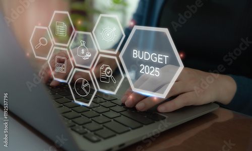 2025 Budget planning and financial management concept. Typing and using laptop for budget planning and allocation. Effective budgeting. Plan, review, approve, allocate, analyze, optimize budgets. photo