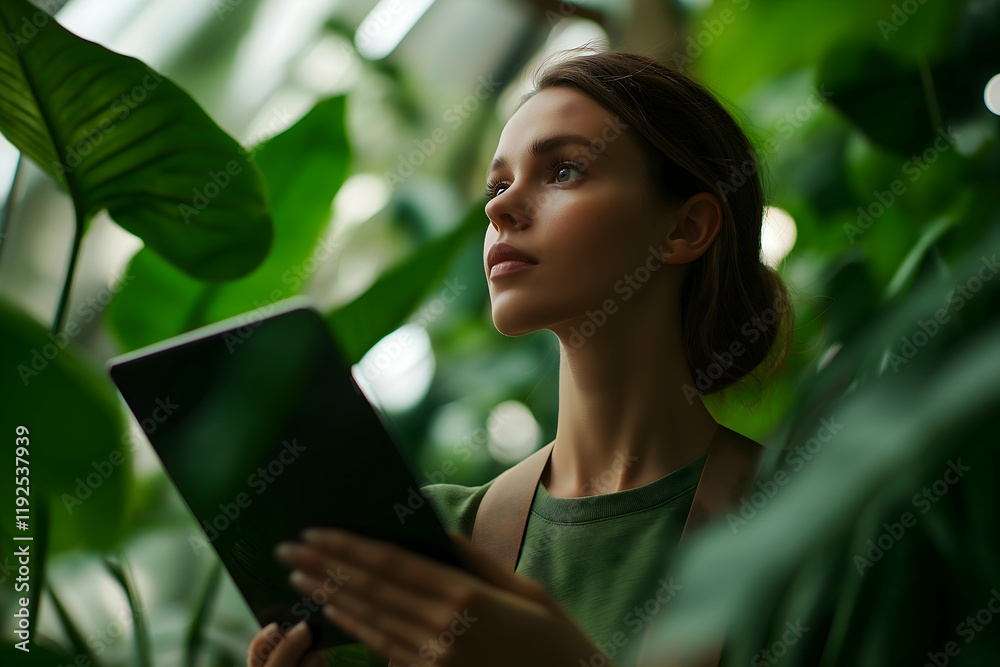A serene woman stands among lush greenery, holding an e-reader, immersed in nature's tranquility. A serene woman stands among lush greenery, holding an e-reader, immersed in nature's tranquility.
