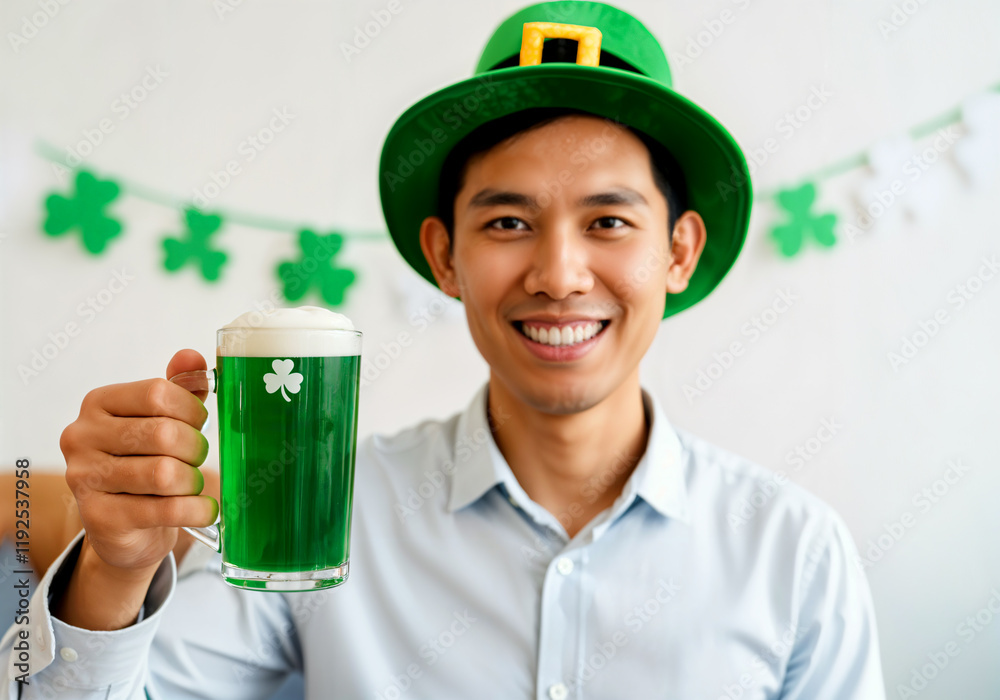 Asian man celebrating St. Patrick's Day with green beer and shamrock hat Asian man celebrating St. Patrick's Day with green beer and shamrock hat