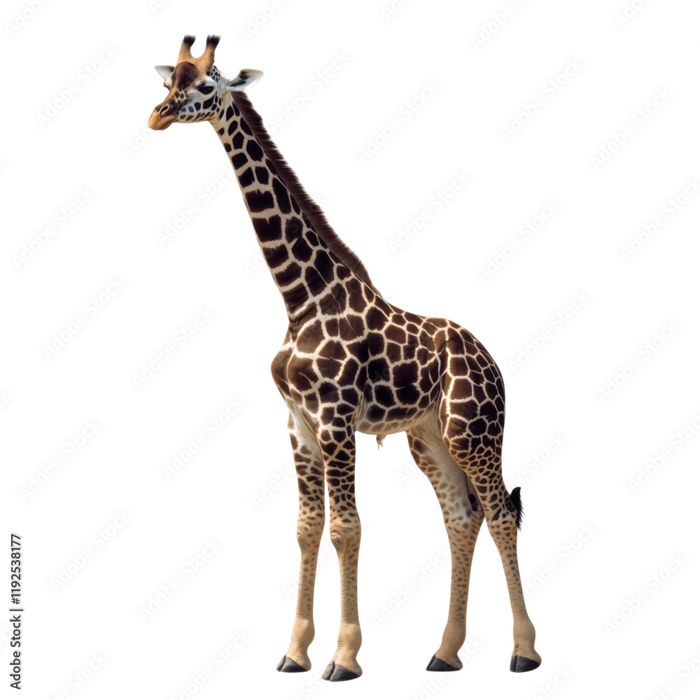 Fototapeta premium tall giraffe with distinctive spots stands gracefully against transparency background, showcasing its long neck and elegant posture. This majestic animal embodies beauty of wildlife