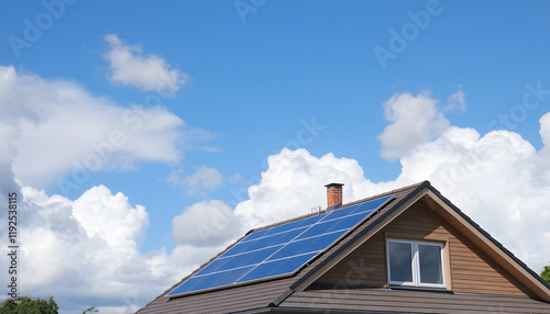 Cloudy blue sky over a home with solar panels on the pitched roof, realistic, with white tones
