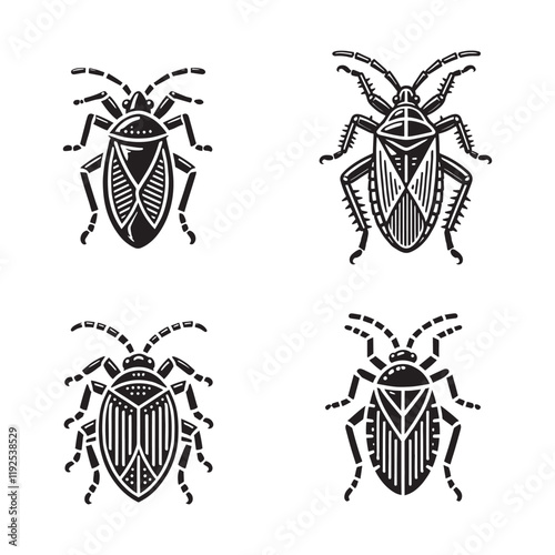 High-Quality Monochrome Vector Silhouettes of 4 Set of the Squash Bug Isolated on a White Background