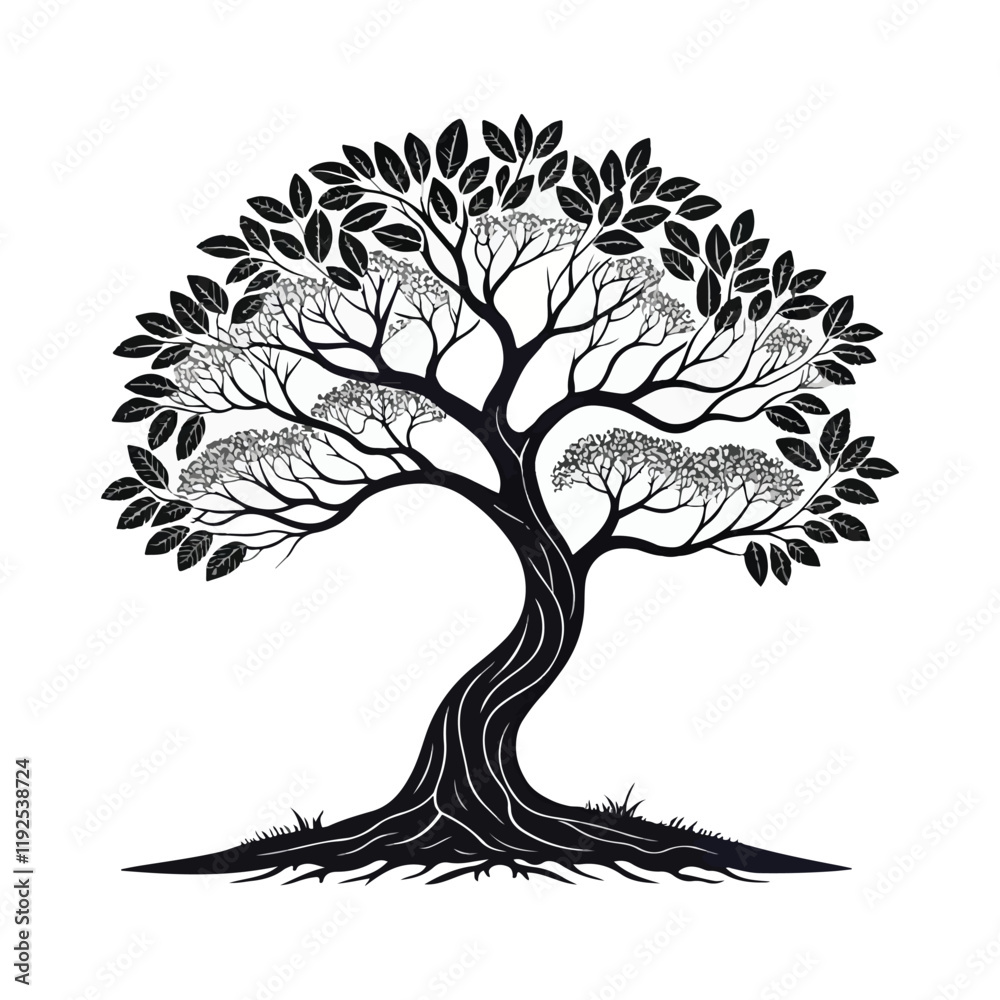 Obraz premium illustration tree with leaves and birds. Silhouette on white background.
