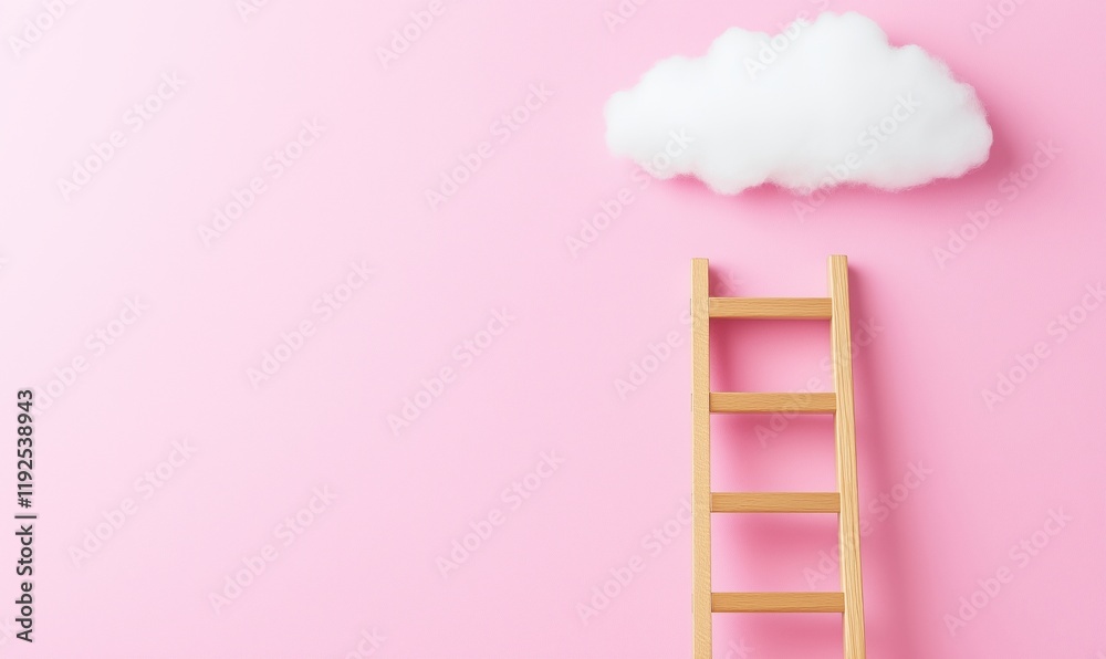 Ladder Reaching Cloud on Pink Background, Symbolizing Dreams and Aspirations Ladder Reaching Cloud on Pink Background, Symbolizing Dreams and Aspirations