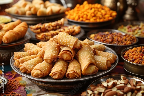 Vibrant holi celebration with traditional indian sweets and snacks spread photo